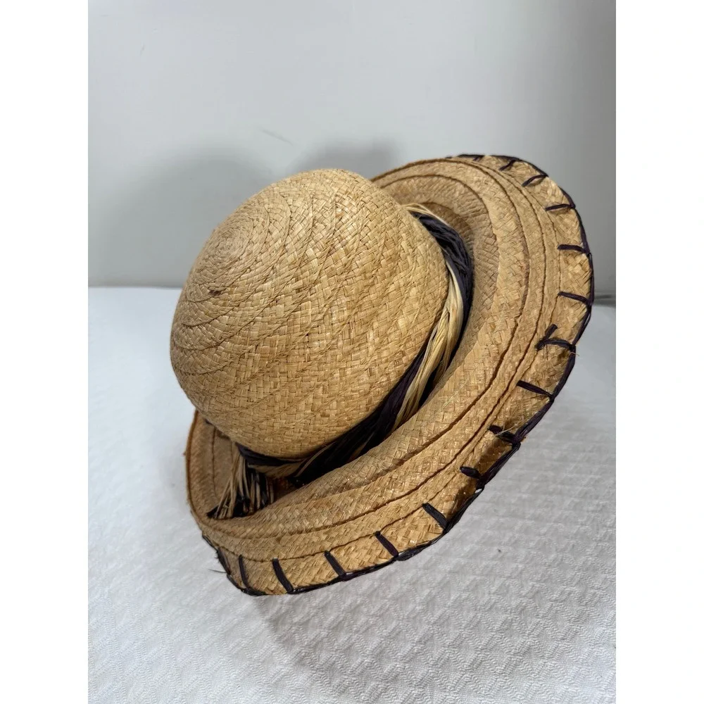 Liz Claiborne Women Natural Straw Sun Hat Wide Brim Whipstitch Detail Tan Brown